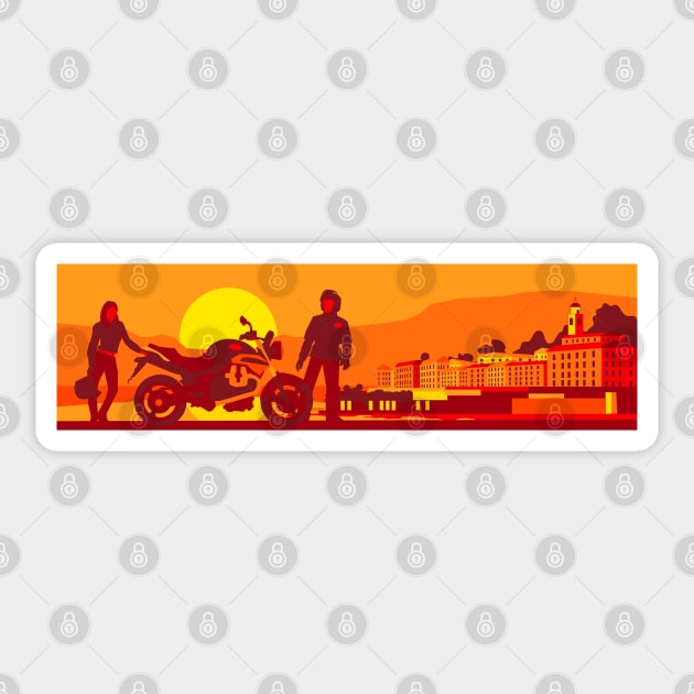 Motorcycle and couple at sunset Sticker by Maxsomma